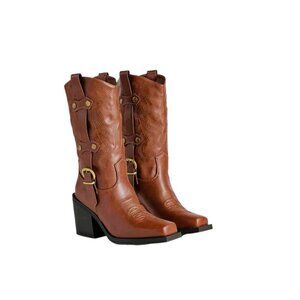 Forever Women’s Brown Square Toe Cowboy Boots Size 8M Chunky Heel